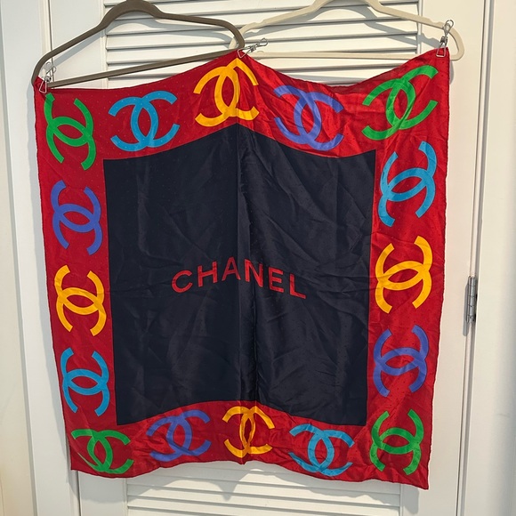 CHANEL Red and Multicolor Logo Scarf - Picture 1 of 3